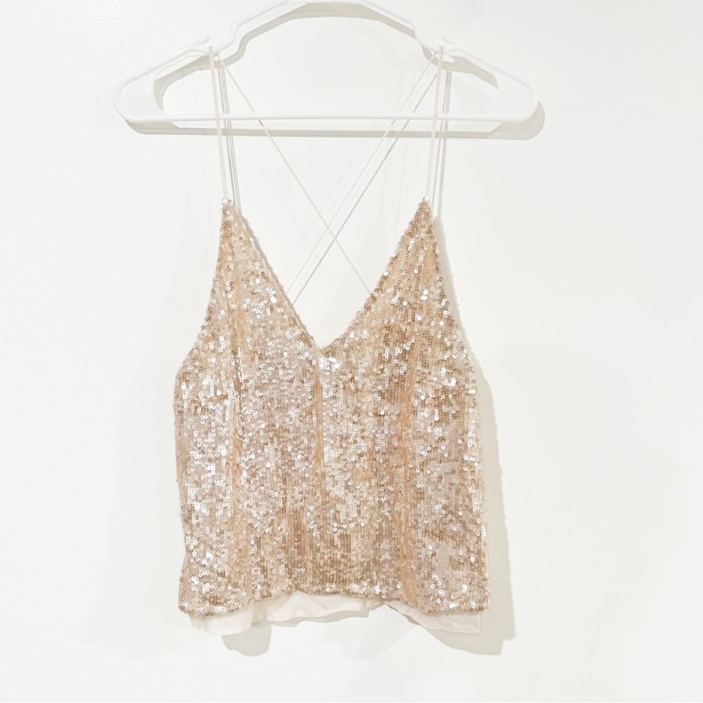 Free People Strappy Light Pink Sequin Cropped Layered Spaghetti Strap Tank Top